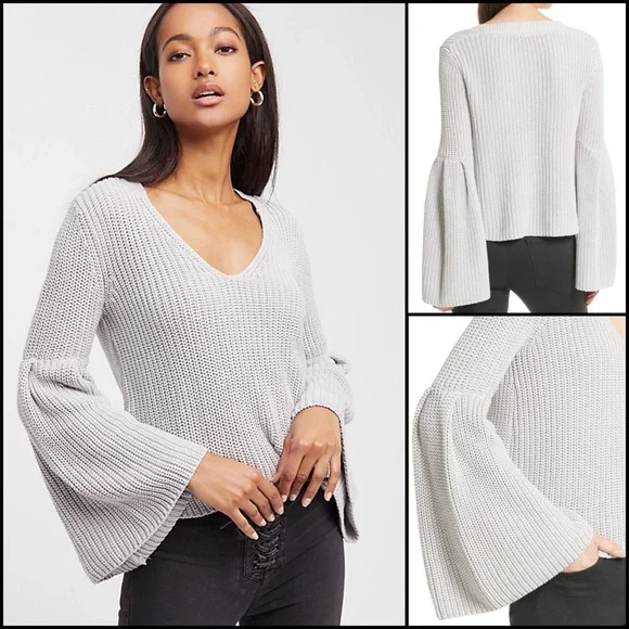 Free People Stone Chinky Knit Dramatic Bell Sleeve Pullover Sweater - Picture 1 of 8